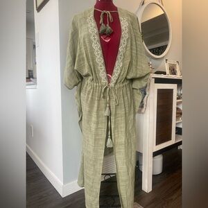 BCBG NWT Olive Green Kimono Swim Cover-Up Embroidered Tassel Tie Boho